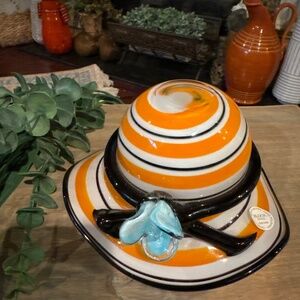 BLOCK Crystal Hand Blown Orange, Black & White Art Glass Hat Blue Flower, Poland